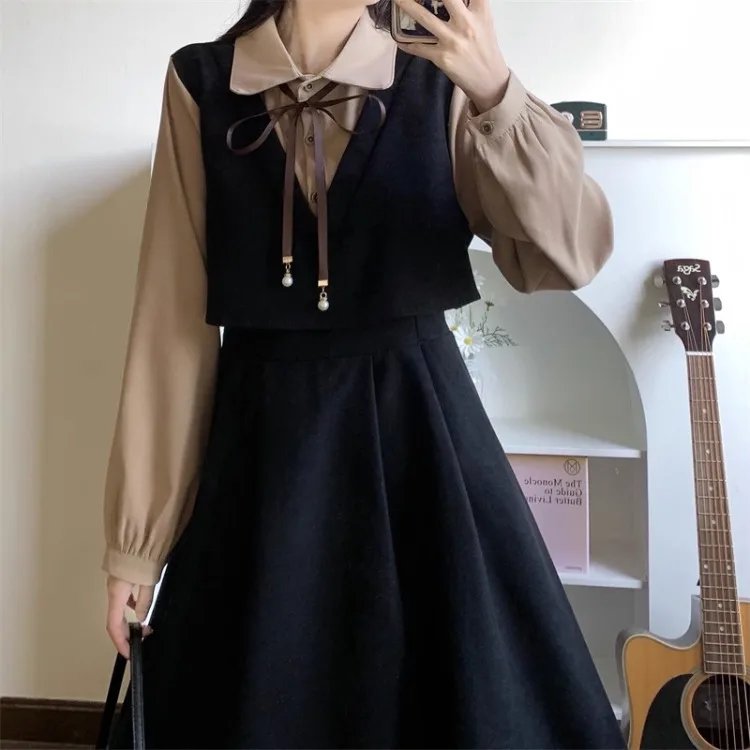 Vintage Patchwork Dress Long Sleeve Spring Autumn Preppy Style Temperament Clothing Fake Two Piece Female Slim Women Dresses