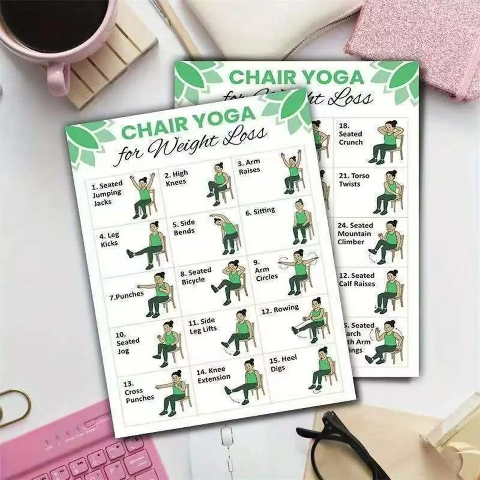 

2pcs Chair Yoga Poster 30-Day Workout Charts 10x8" Chair Yoga Trainer Guide for Senior Beginner Mobility Balance Flexibility