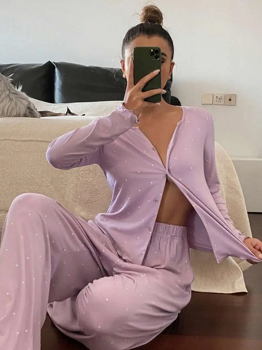 

Women Polka Dot Print Long Sleeve Cardigan And Pants Pajama Set
