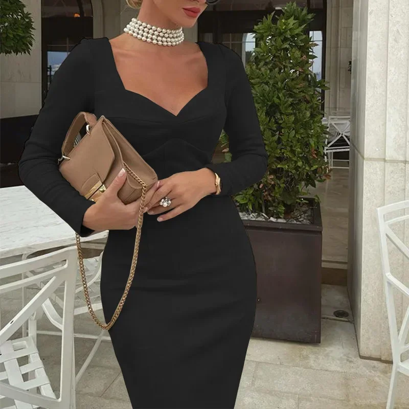 Langarm Midi Kleid quadratischer Kragen hohe Taille einfarbig sexy Kleid Frauen Mode lässige Tasche Arm Bodycon Etui kleid
