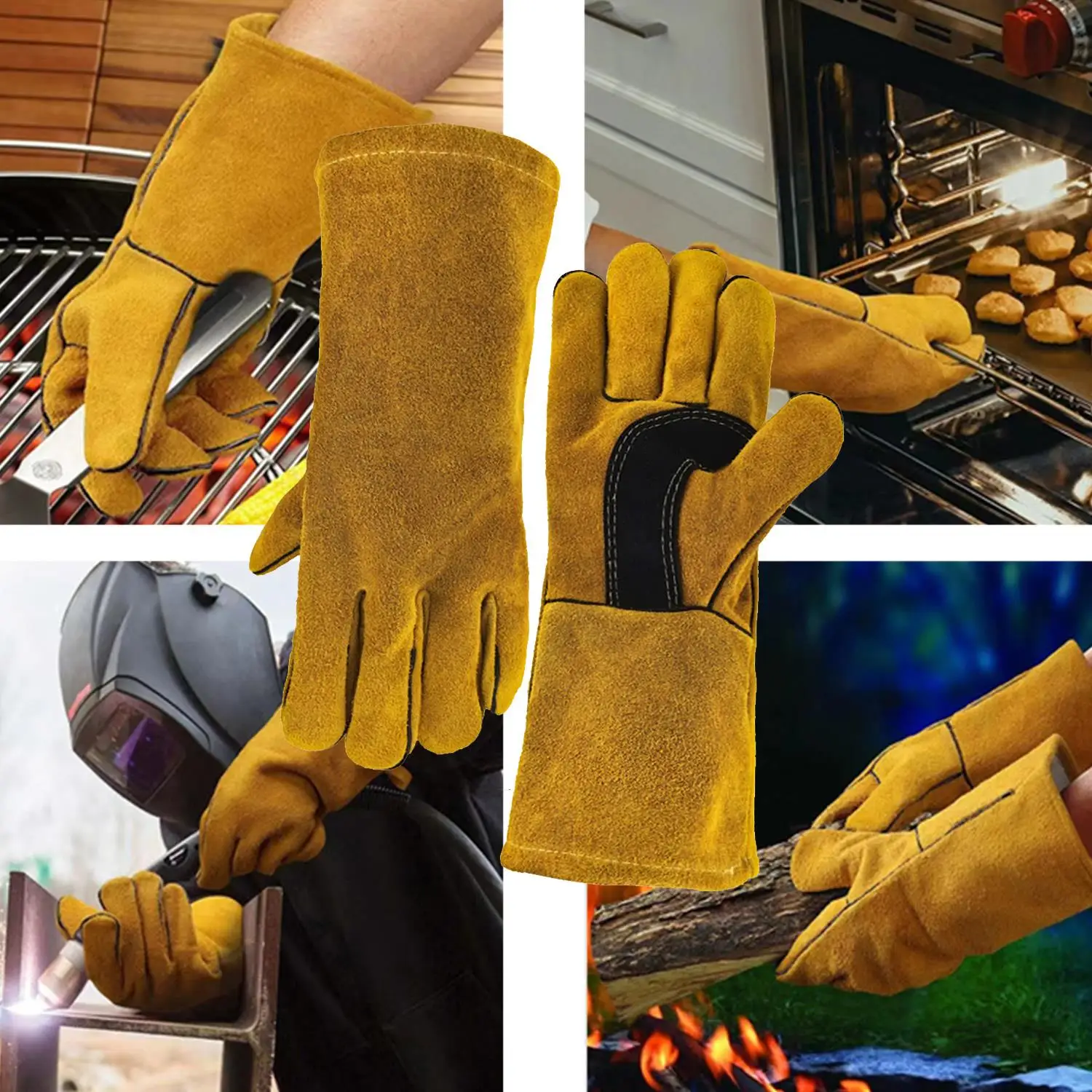 Leather Flame Retardant Gloves Welding Gloves Heat Insulation Heat-resistant Woodstove Fireplace Barbecue Baking Camping