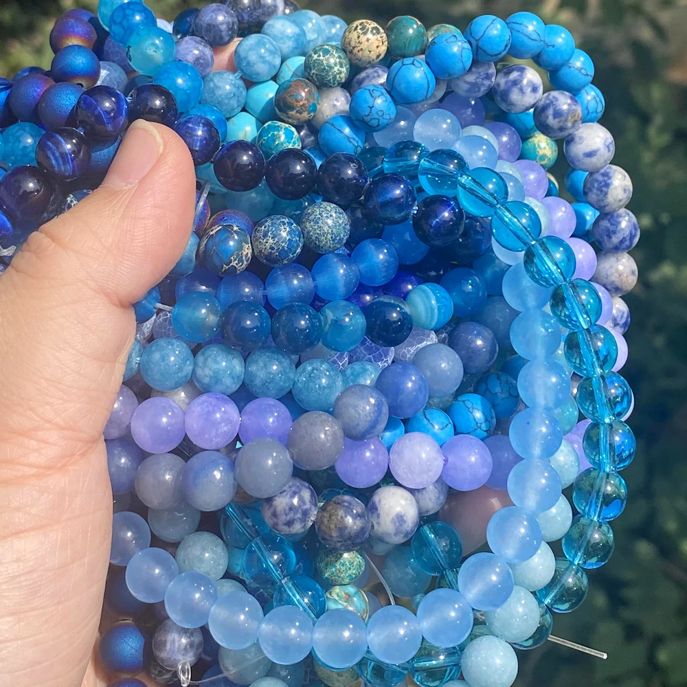 45 Style Natural Stone Beads Blue Chalcedony Crystal Glass Gemstone Jades Agate Beads Jewelry Making DIY Handmade Bracelet 15‘’