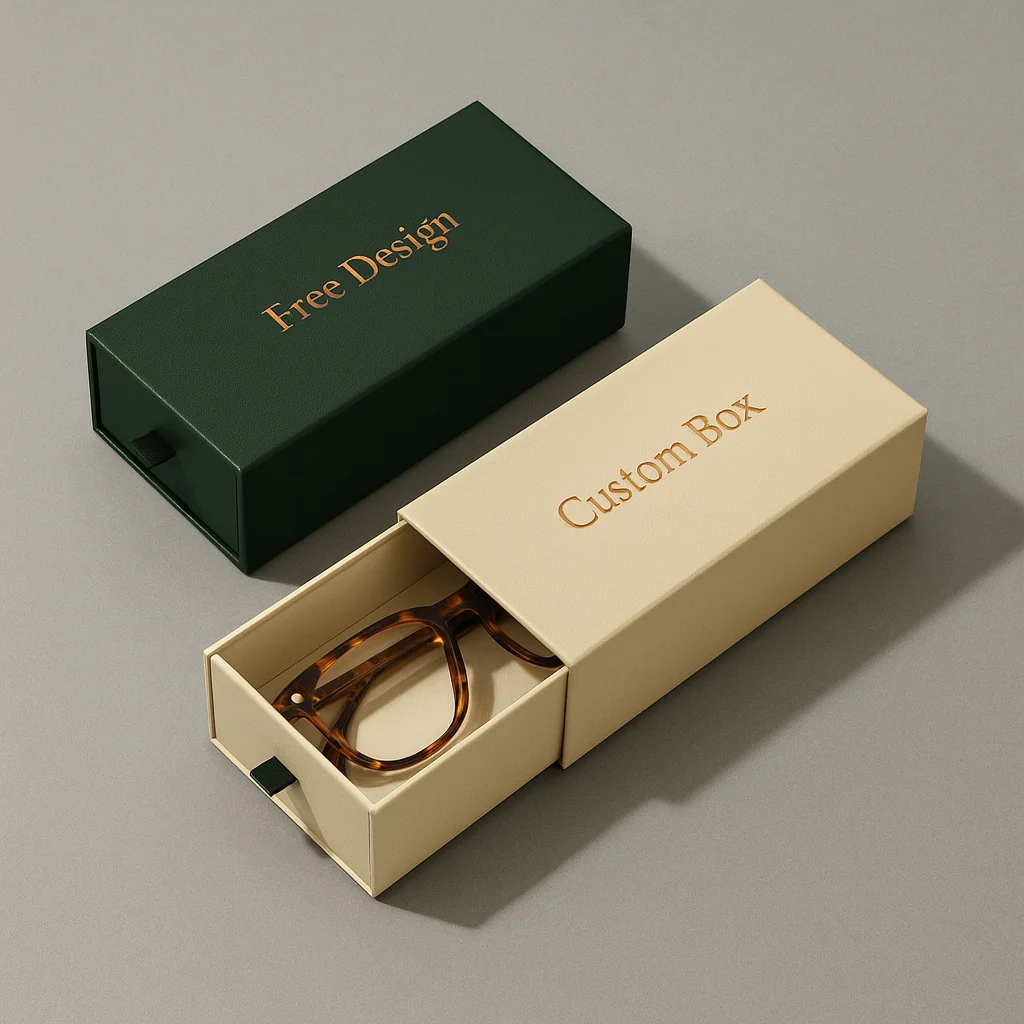 50pcs Custom Free Sample Printed Logo Drawer Packaging Box for Glasses Rigid Paper Board Sliding Box with Insert Necklaces Acces