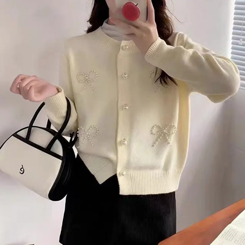 

Вязаный свитер, женские кардиганы, новый вязаный свитер с длинным рукавом и круглым вырезом, расшитый бисером, кардиган, женские топы, трикотажные изделия Sueters De Mujer Q1501