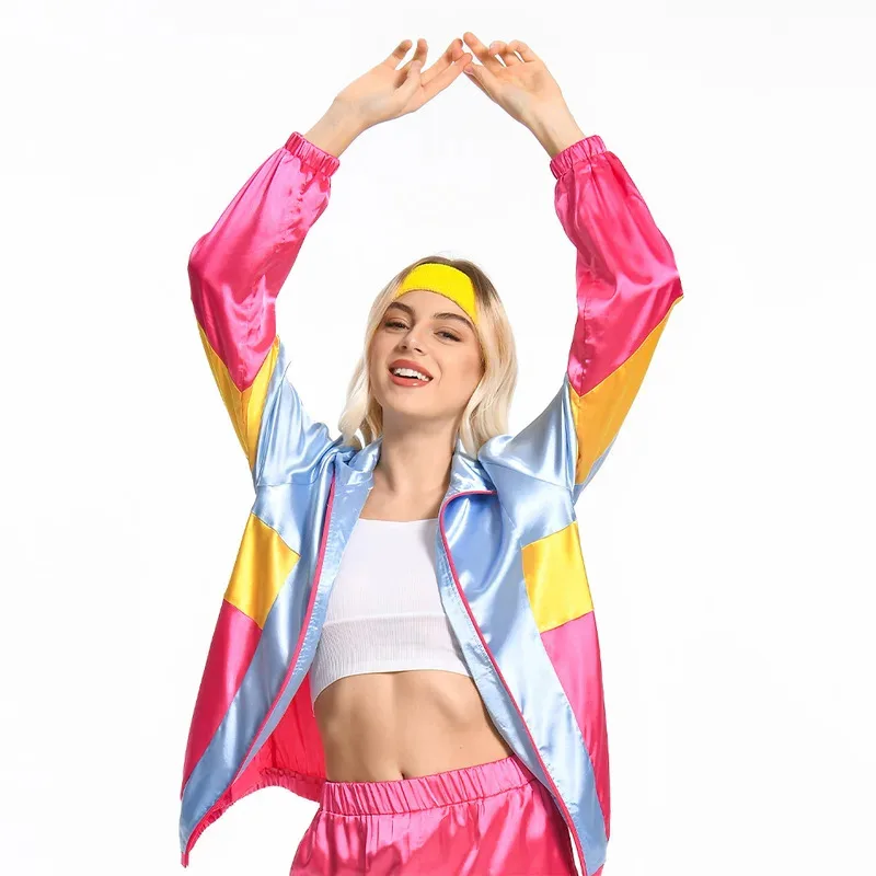 الوردي النساء ملابس رياضية سترة السراويل عقال وتتسابق 80s 90s ريترو خمر تأثيري قطعتين سترة واقية مجموعة هالوين بدلة الحفلات