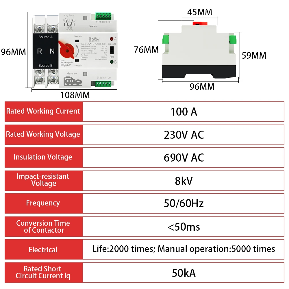 Single Phase Din Rail ATS 220V Dual Power Automatic Transfer Electrical Selector Switches Uninterrupted 2P 100A