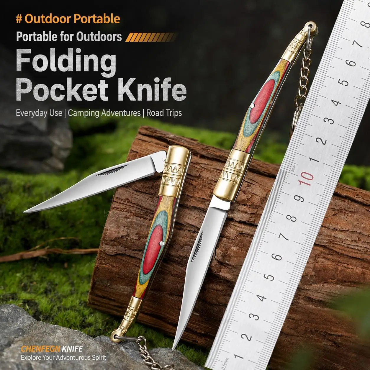 NEW Folding Knife Pocket Knife Stainless Steel Blade Wood Veneer + Copper Parts Handle, Outdoor EDC Camping Knife Hiking Knife