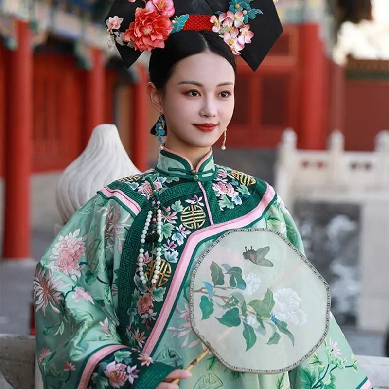 

Qing Dynasty Green Women Hanfu Robe Vintage Printing Flower Pattern Elegant Chinese Style Cheongsam Palace Gown Qipao Dress