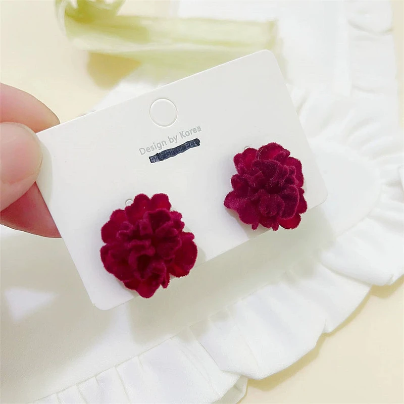 Temperament Winered Flocking Camellia Flower Stud Geometry Earring Jewelry Christmas Girl Friend Gift image 4