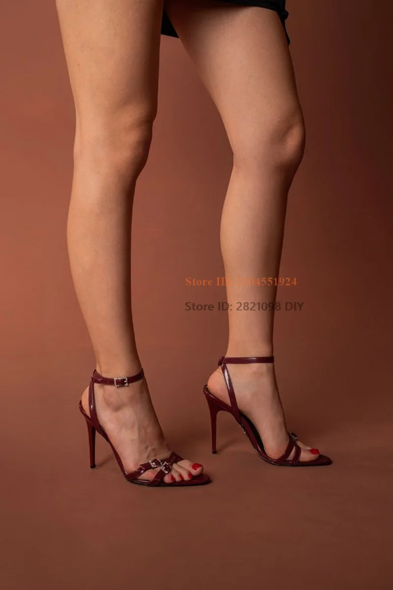 แฟชั่นไวน์แดงสิทธิบัตรหนัง Pointed Toe Buckle รองเท้าส้นสูงรองเท้าแตะสุภาพสตรี Stiletto รองเท้าส้นสูงผู้หญิงฤดูร้อนรองเท้า