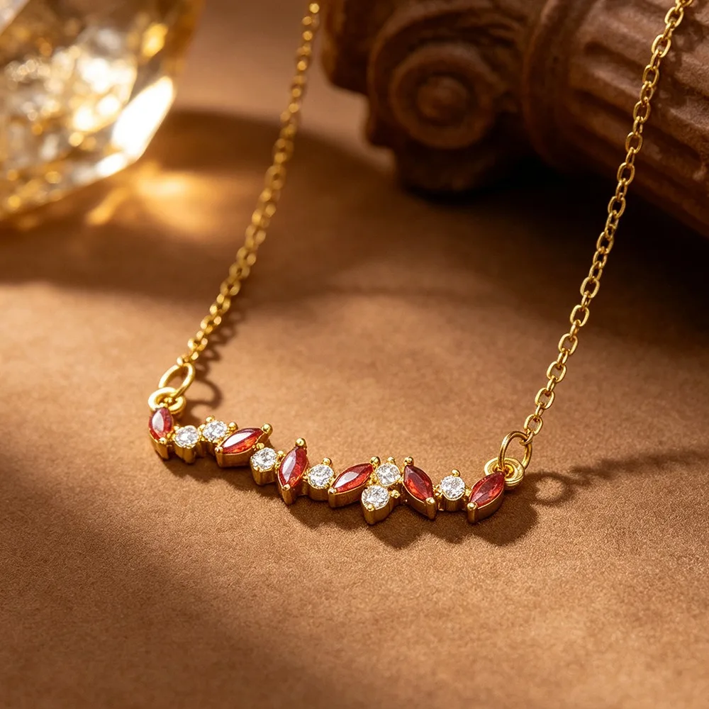 Luxury Stainless Steel Marquise Teardrop Horizontal Micro Paved Colored Zircon Necklace for Women Curved Smile Gold Tone Jewelry