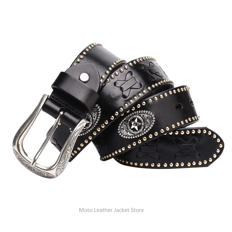 New Western Cowboy Belt Genuine Woven Men's Rivet First Layer Cowhide Belt Knight Punk Personalized Leather Waistband