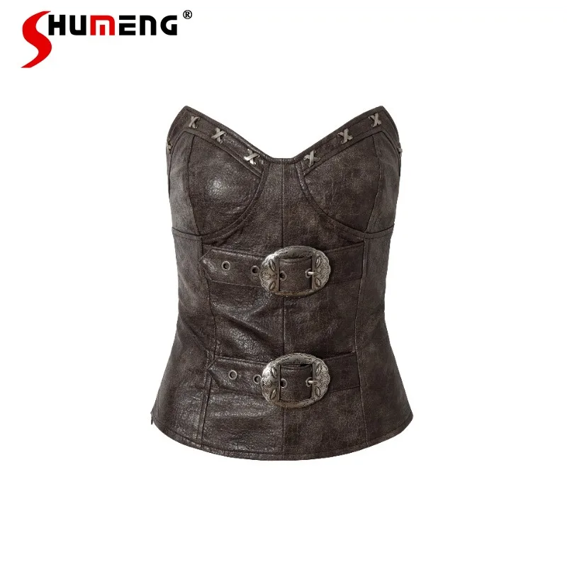 

Japanese New Design Retro Punk Soft Girls Sling Heavy Industry Thin Slim Fit Chest Wrap Short Leather Tube Top Camisoles Female