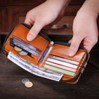 BULLCAPTAIN 232 Vintage Genuine Cowhide Leather Men Short Wallet RFID Blocking Zipper Purse - Brown