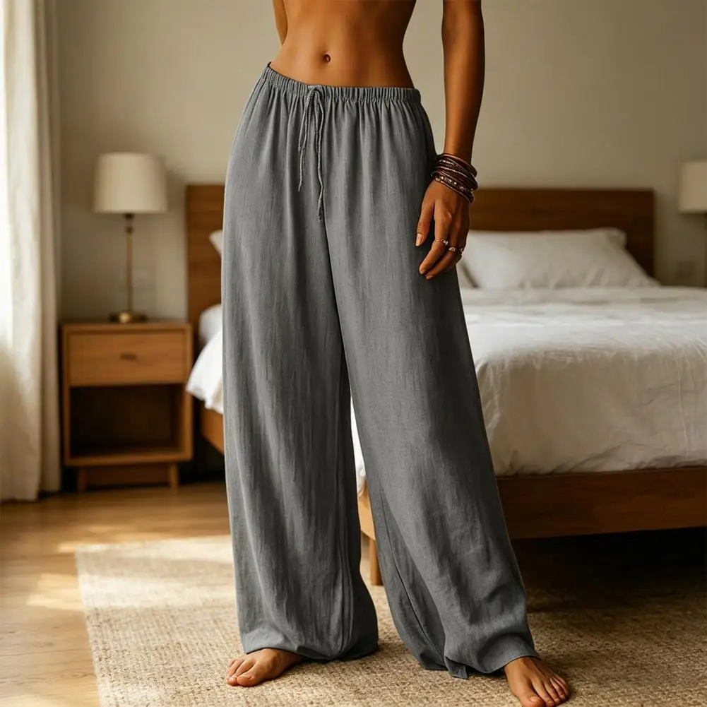 Summer Women Pants Elastic High Waist Adjustable Drawstring Wide Leg Loose Trousers Pure Color Lightweight Bohemian Pants