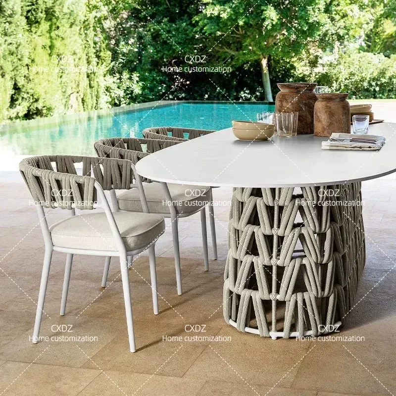 Outdoor Rock Slab Dining Table and Chairs Set Balcony Leisure Courtyard Hotel Terrace Rattan Chair Coffee Table 3 Piece