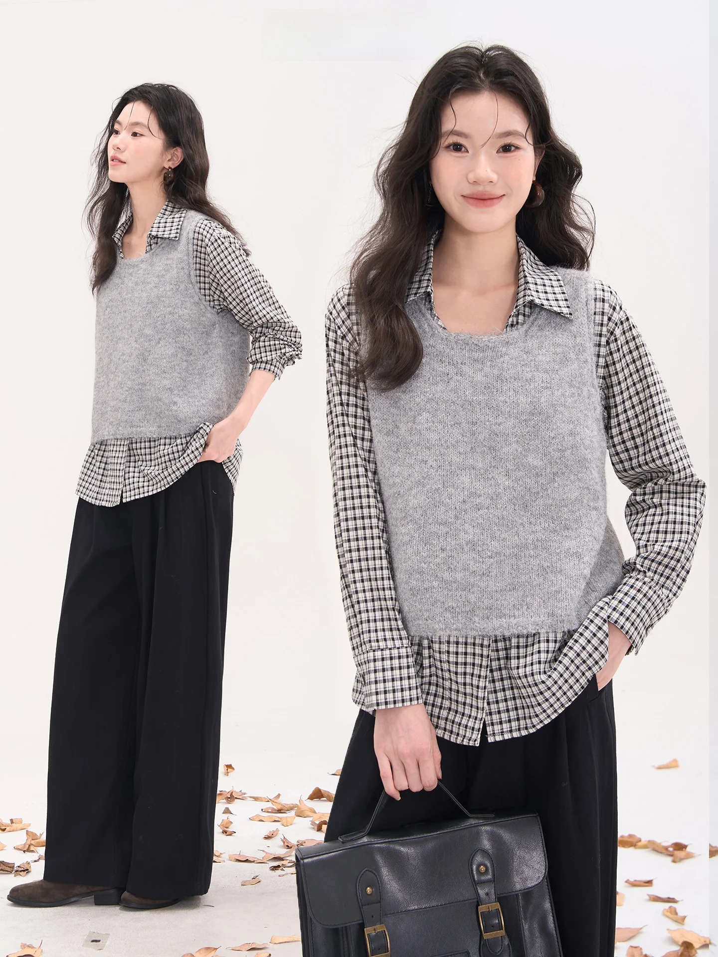 

Casual Plaid irt And Vest Two-Piece Set for Women Cotton Linen Blend Comfortable Fit Long Sve Girls Faion Autumn Wear