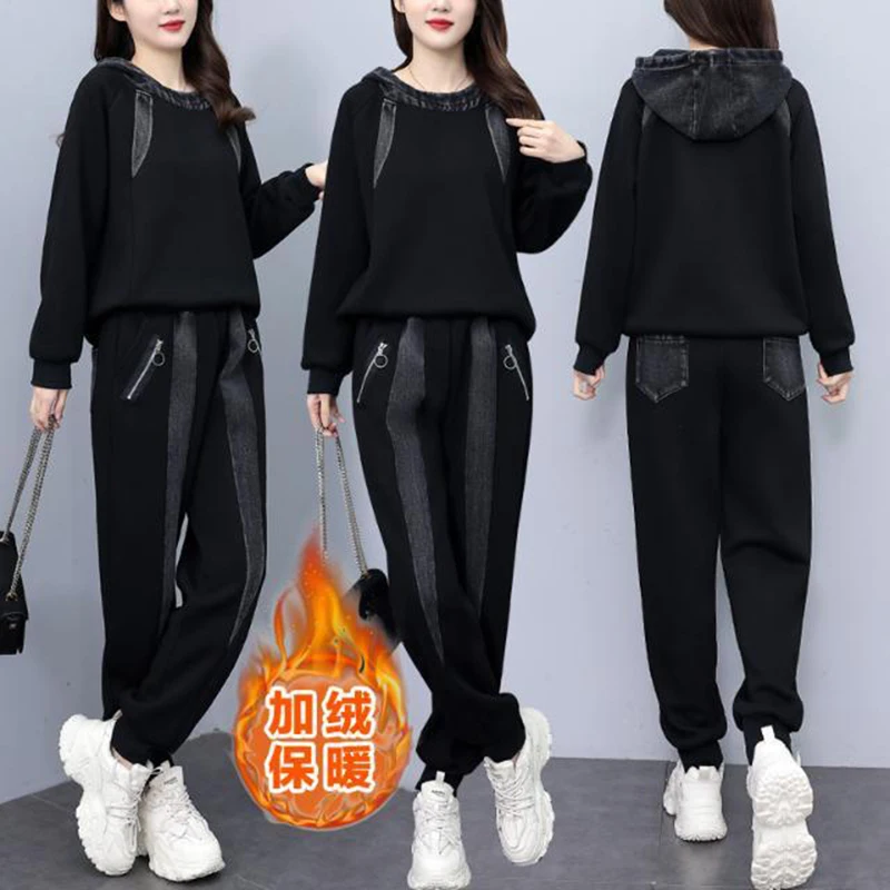 

Модный толстый комплект из двух предметов, женский зимний новый джинсовый свободный пуловер с капюшоном + брюки для похудения, повседневный универсальный комплект