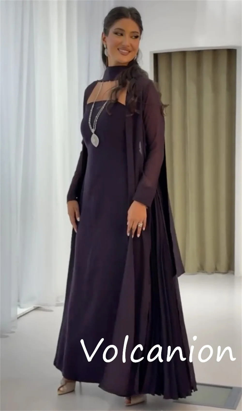 Customized Fashion Formal Jersey Pleat A-line High Collar Midi Dresses Bespoke Occasion Chinese Style