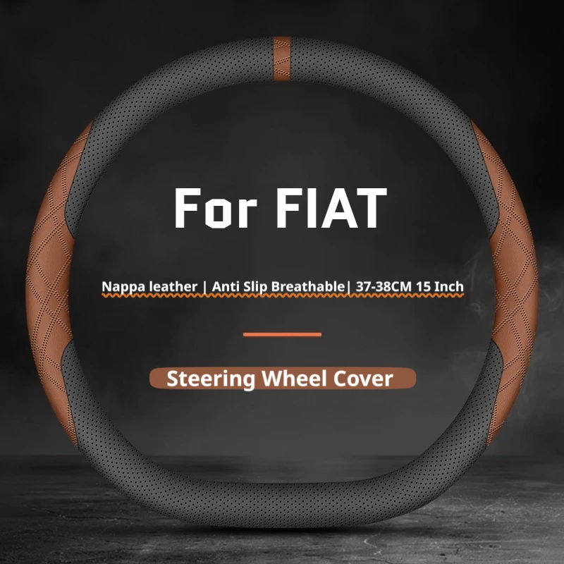 For FIAT Leather Car Steering Wheel Cover Non‑Slip Breathable 37‑38Cm Fit 500 Panda 500X Tipo Strada 600 Doblò Argo Accessories