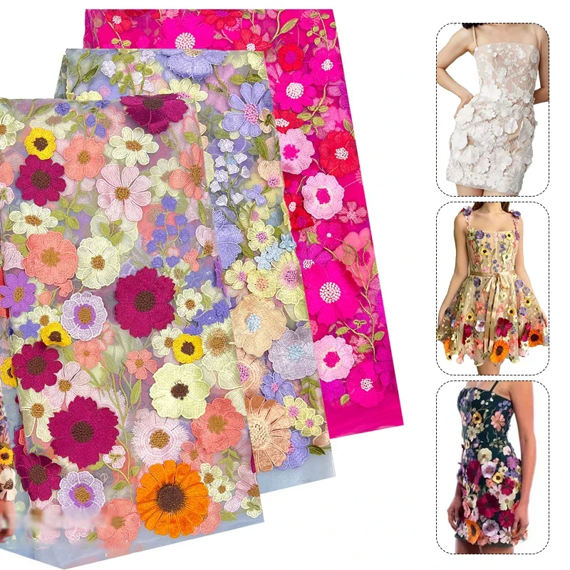 Colorful 3D Flower Embroidered Tulle Fabric Diy Wedding Dress Cloth Textile Mesh Luxury Flower Patch Sewing Lace Fabrics By Yard