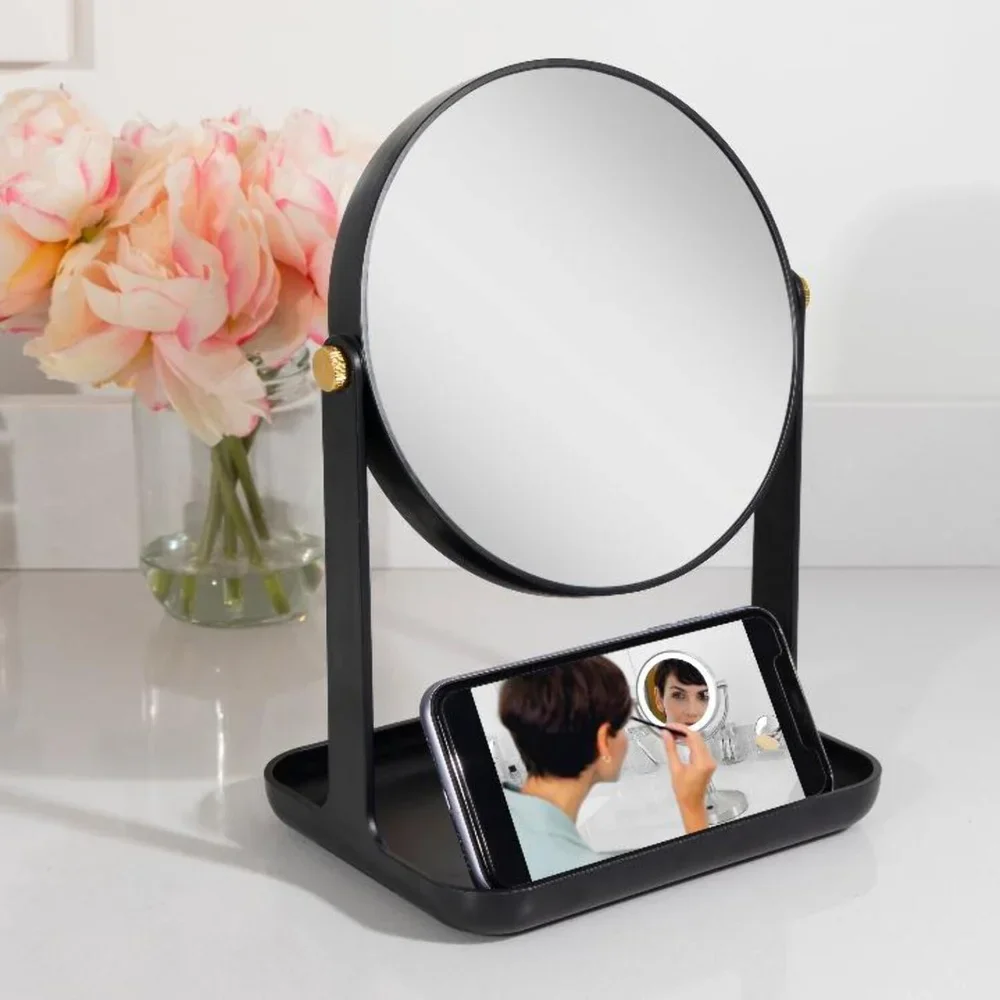 5X 1X Dual Magnification Makeup Mirror with Accessory Tray Phone Holder 360 Degree Rotation Crystal Clear Reflection Vanity