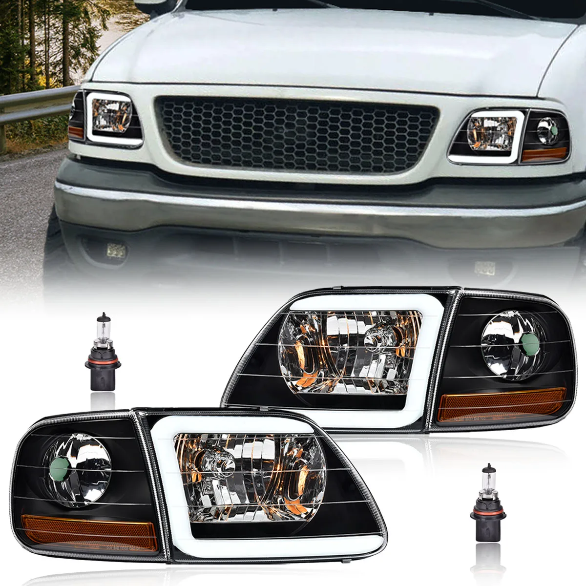 SINDAR 2pcs LED Headlights Assembly for Ford F-150 Expedition 1997 2002 Lens Black Housing Driver/Passenger