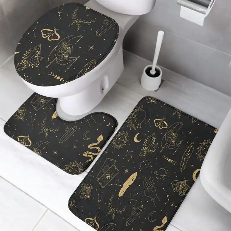 

3PCS Golden Astrology Bath Set, Celestial Theme Housewarming Gift for Women, Luxury Zodiac Decor with Bathroom Rug