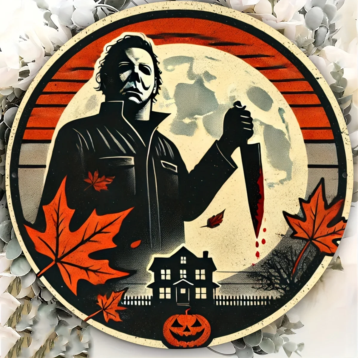 لافتة ألومنيوم دائرية للهالوين من مايكل مايرز - ديكور فني جداري مقاس 11.8 بوصة للمنزل والمقهى والمرآب والمزرعة والعطلات