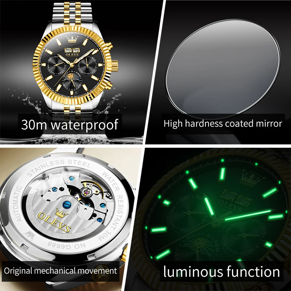 OLEVS 6688 marca de lujo reloj automático para hombre calendario de fase lunar impermeable luminoso superior reloj de pulsera mecánico Original para hombres