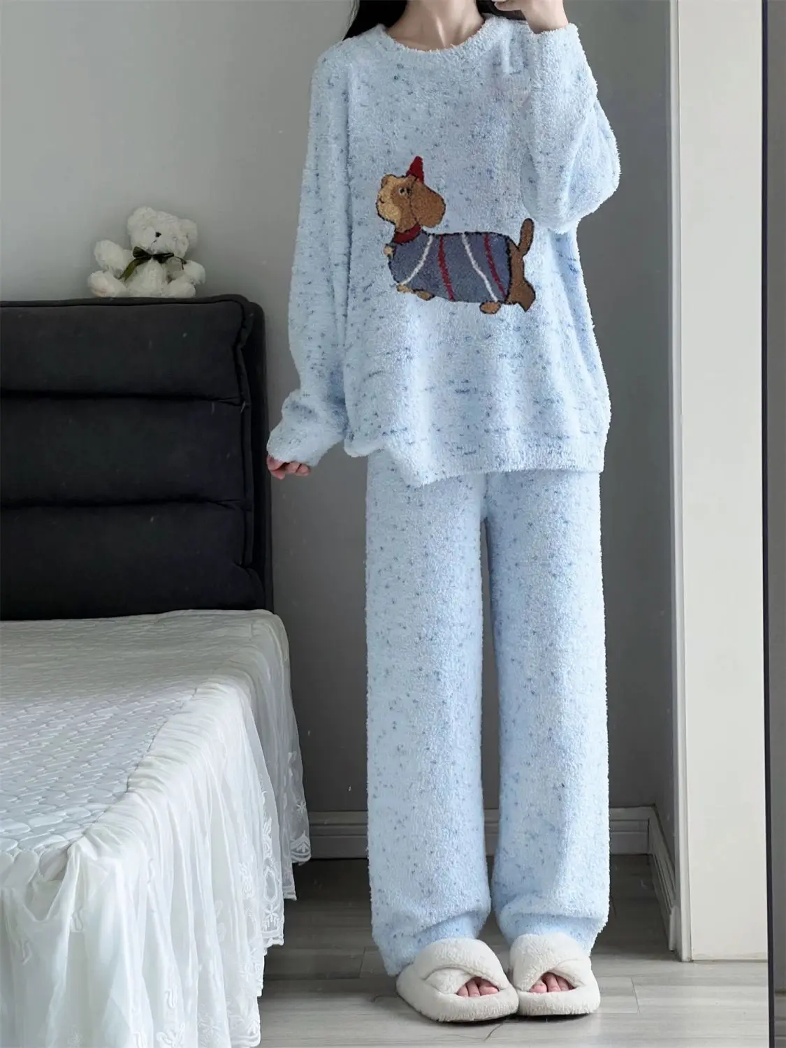 Coral Velvet Pajamas Women Winter  Sweet Cute Dog Leisure Thickened Girls Homewear Blue Soft Warm Set