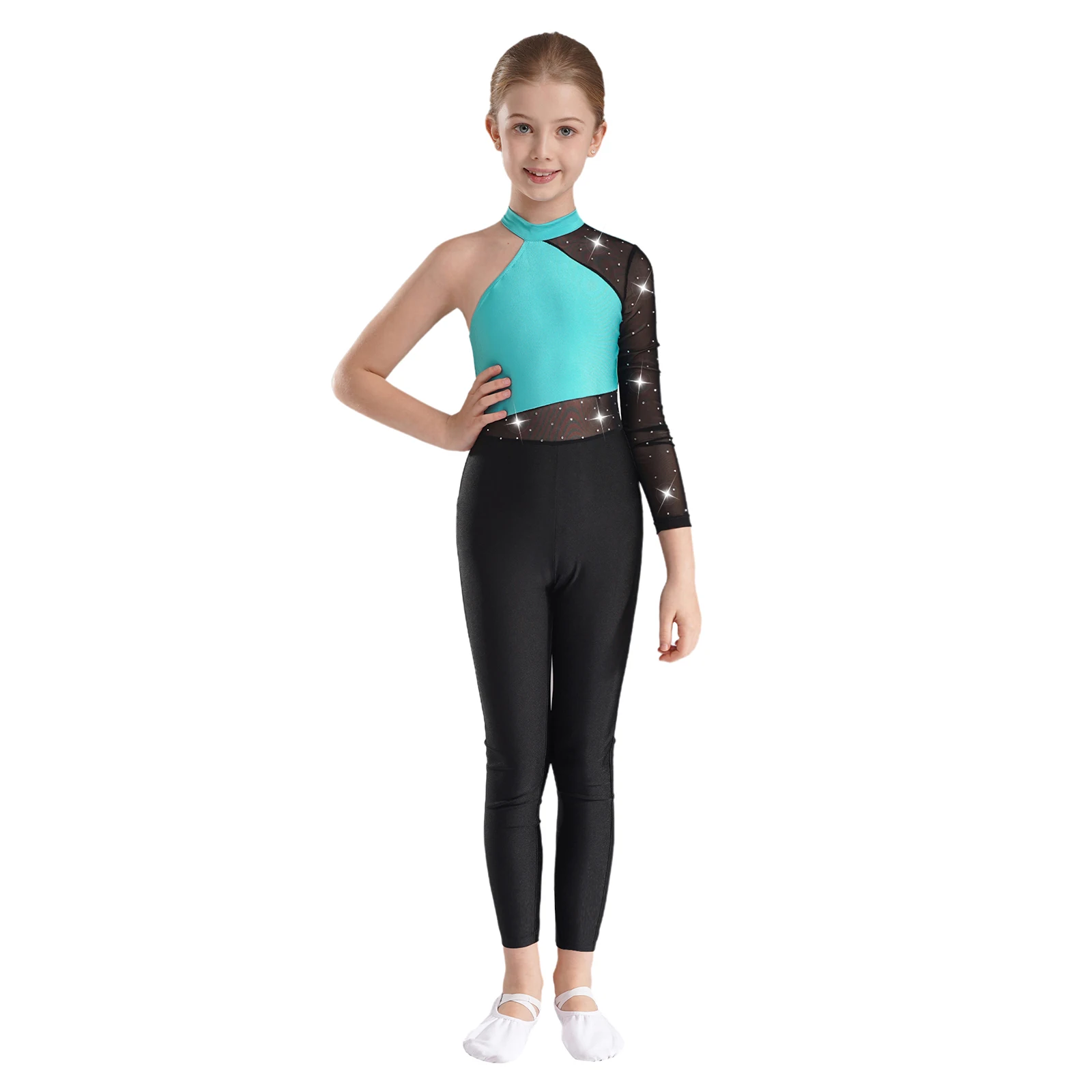 Girls One Mesh Sleeve Full Body Cover Jumpsuits Gymnastics Ballet Modern Dance Uniform Unitard Ice Skating Competition Costume