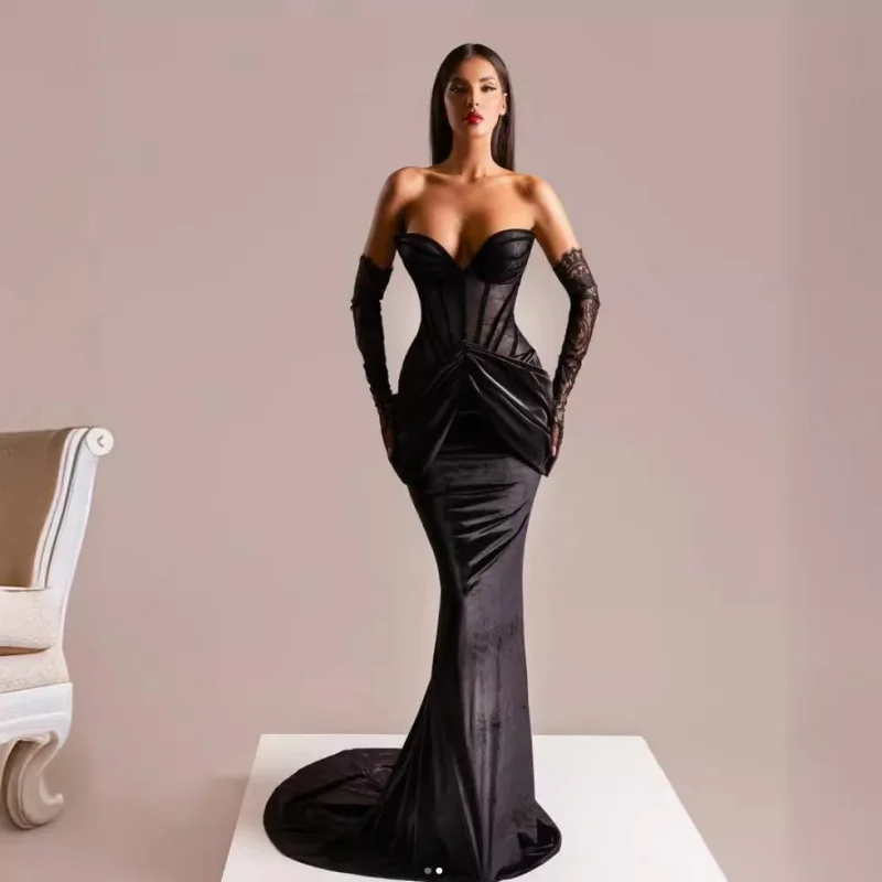 2025New Arrival Abito da donna Guanti moda Pizzo trasparente Lisca di pesce Vita che abbraccia Abito senza spalline Abito da sera da socialite