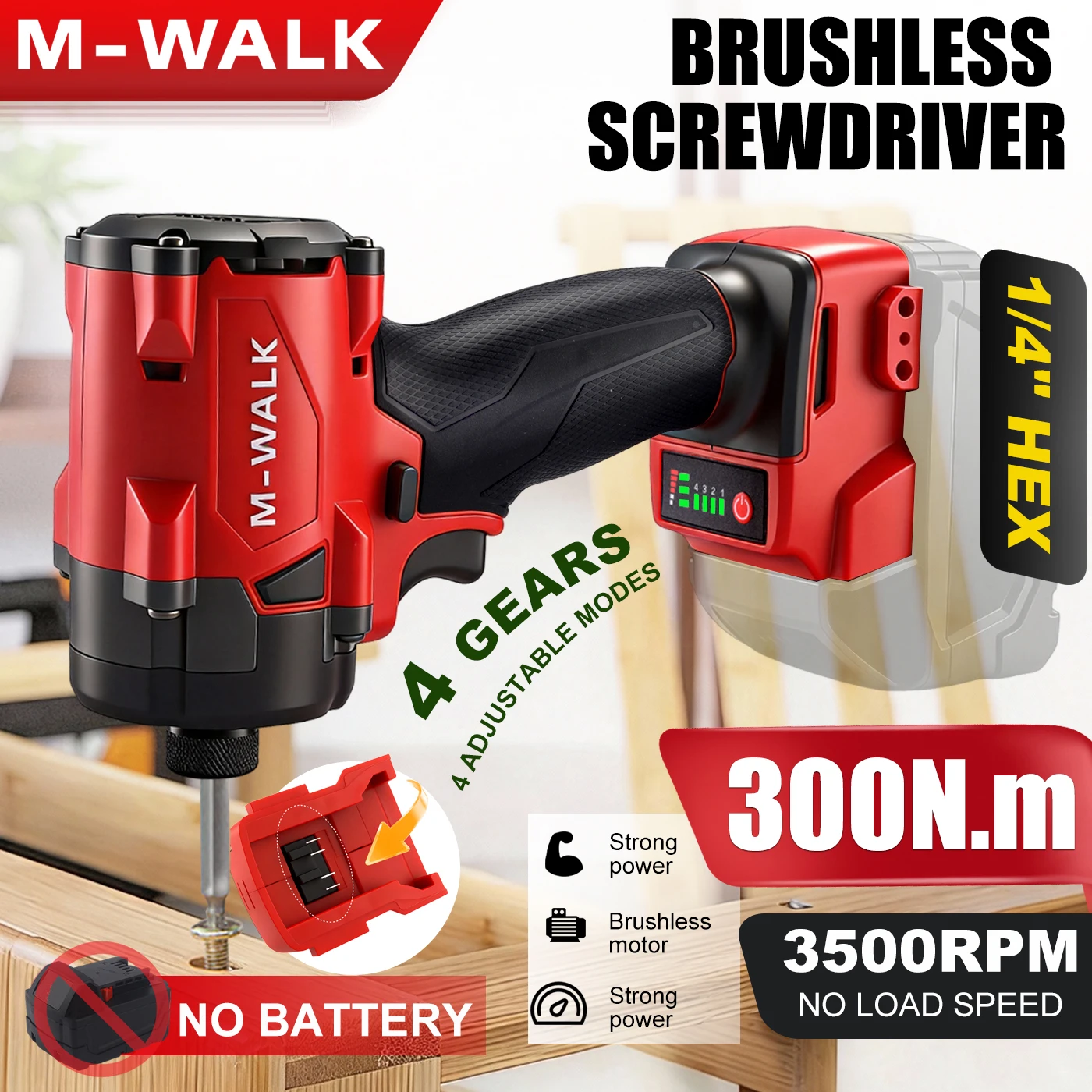 M-WALK Cordless Impact Driver 3500RPM 300Nm Brushless Motor Electric Drill for Wood Bolt T-Mode Fit Milwaukee 18V Battery Pins