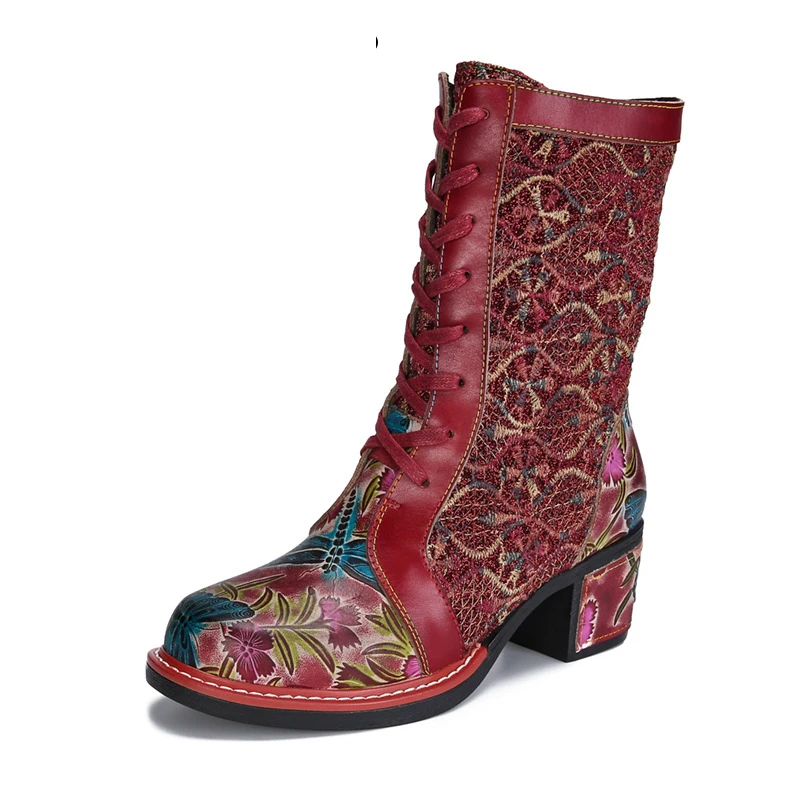 

5cm New Boots Embroidery Print Winter Warm Big Size Genuine Leather Plush Women Ethnic Lace ZIP Spring Autunm Ankle Shoes