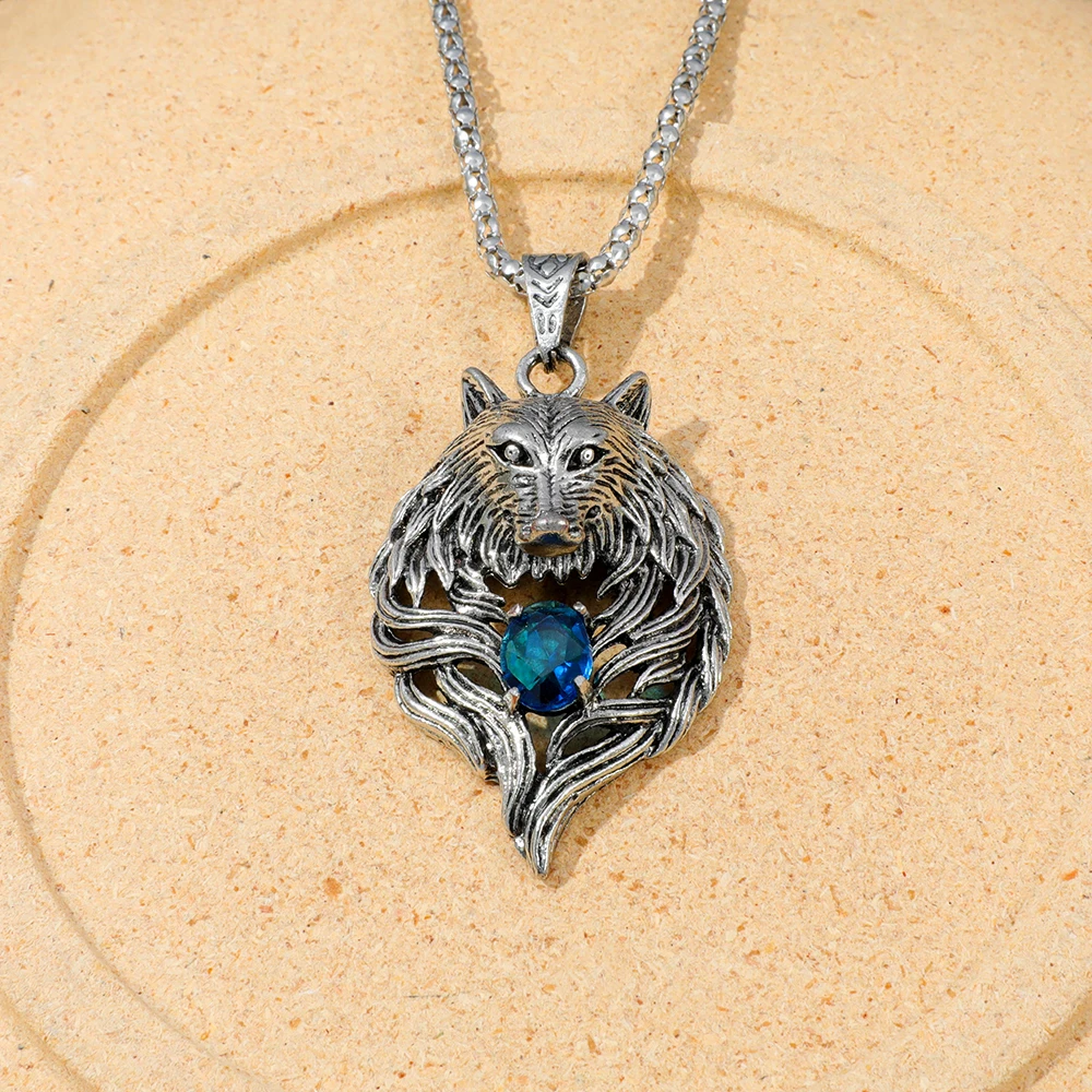 قلادة رأس الأسد باللون الفضي مع لهجات الزركون الأزرق، إكسسوار رائع إبداعي للنساء والرجال، هدية عصرية