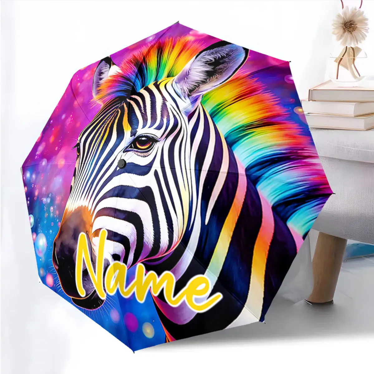 Custom Name Umbrella Colorful Zebra Umbrella Design Print 8 Iron Ribs Folding Umbrella Auto-Open Fashion Sunshade