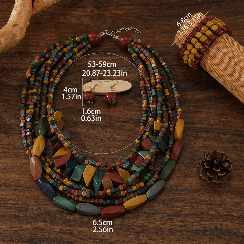 Multi Layer Handmade Wood Beads Necklace Earrings Bracelet Jewelry Set Vintage Color Statement Collar Boho Beads Long African J