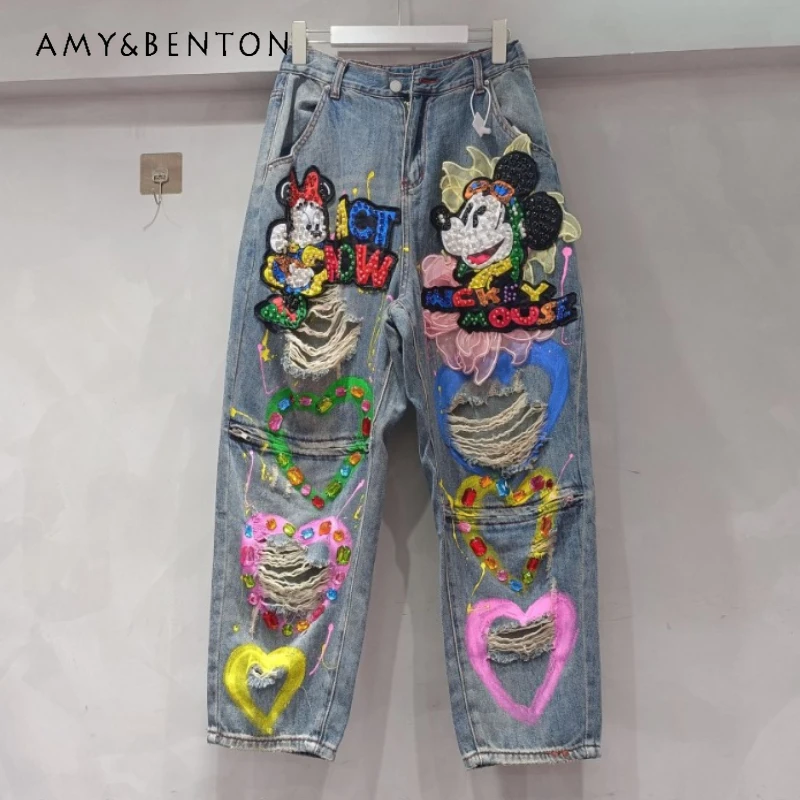 2025 Spring New European Style High Waisted Trousers Heavy Industry Cartoon Ripped Jeans Women's Graffiti Love Loose Denim Pants