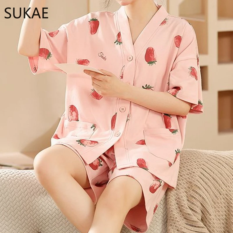 SUKAE M-5XL Summer Women Sleepwear Casual Cotton Woman\'s Pajama Set Kimono Style Cardigan Nightwear Leisure Girl Kawaii Clothes