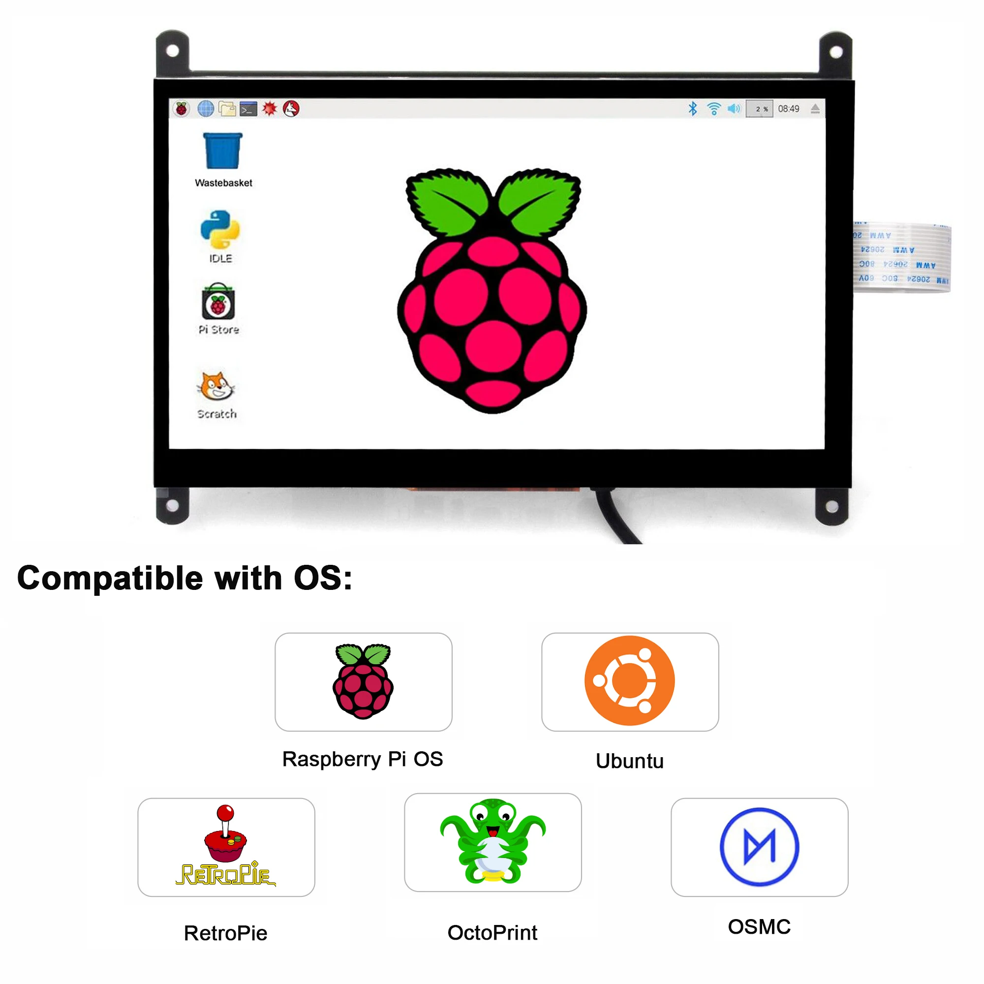 OSOYOO Monitor layar sentuh kapasitif portabel, Monitor LCD 7 inci DSI dengan casing bingkai untuk Raspberry Pi 5 4 3 3B + 2