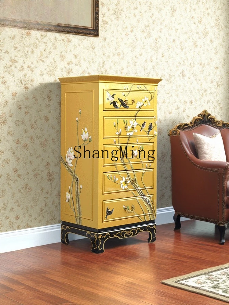 FG bedroom five-bucket painted storage cabinet retro modern new Chinese solid wood master bedroom bedside drawer cabinet