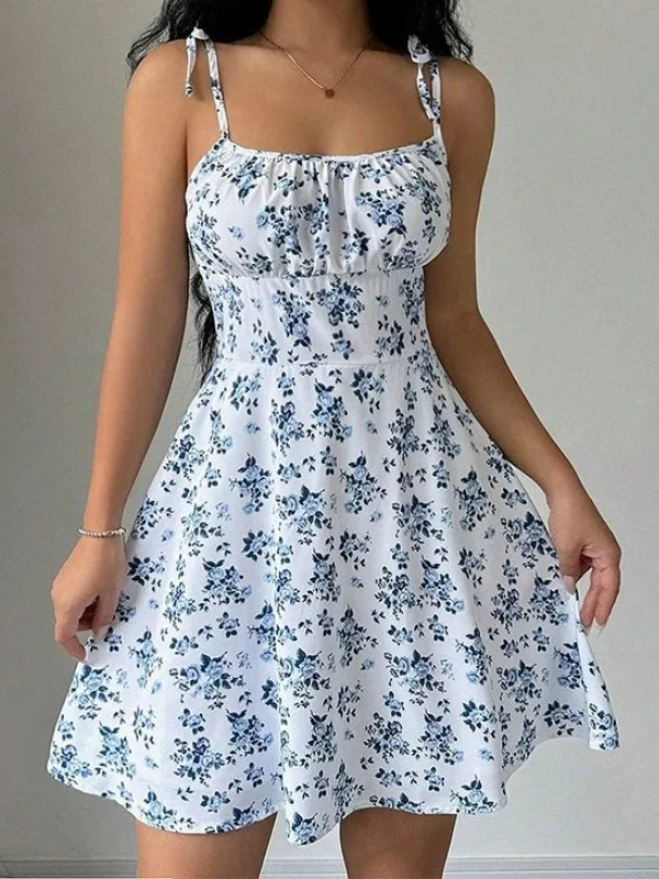 여성 여름 꽃무늬 스파게티 스트랩 비치 짧은 드레스,여성 드레스,여성 의류,여성 옷,선드레스,새 드레스 2025 D0O7