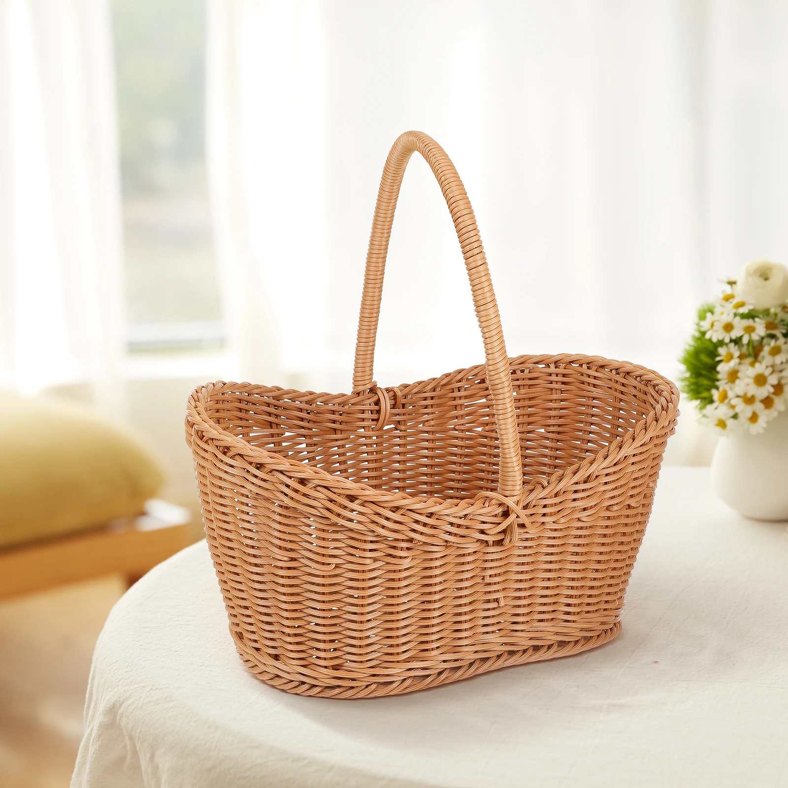 

Woven Gift Basket Imitation Rattan Fruit Bread Snacks Storage Decorative Flower Food Holder Portable Picnic Camping