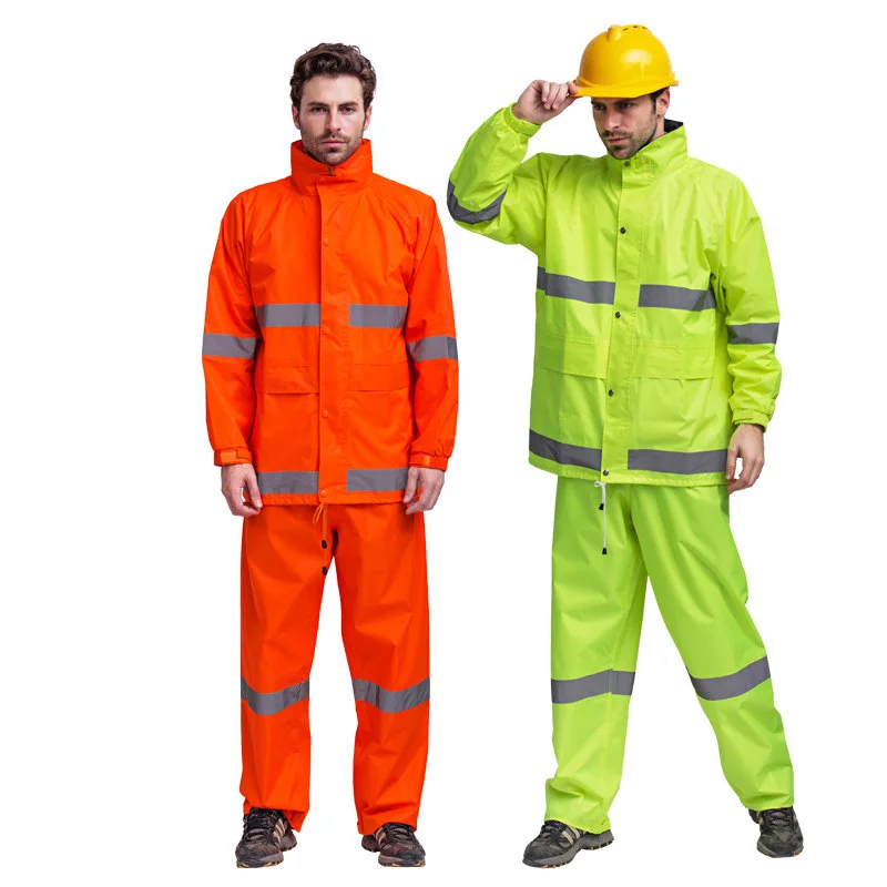 

SFVest Mens Waterproof High Visibility Reflective Safety 150D Oxford Rainsuit Jacket and Trousers Split Raincoat