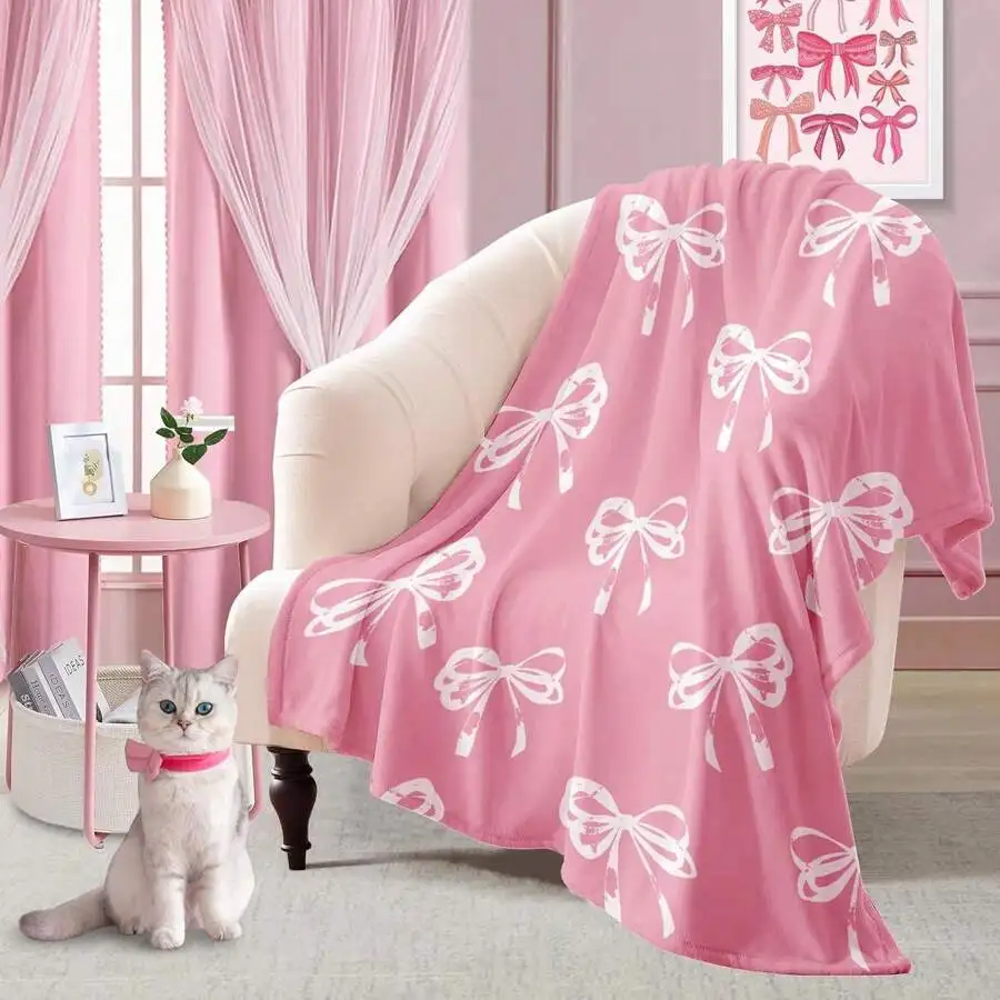 Ultimate Soft Pink Ribbon Pattern Throw Blanket Cozy Plush Sofa Bed Decoration Fleece Wrap Gift for Girls Home Decor