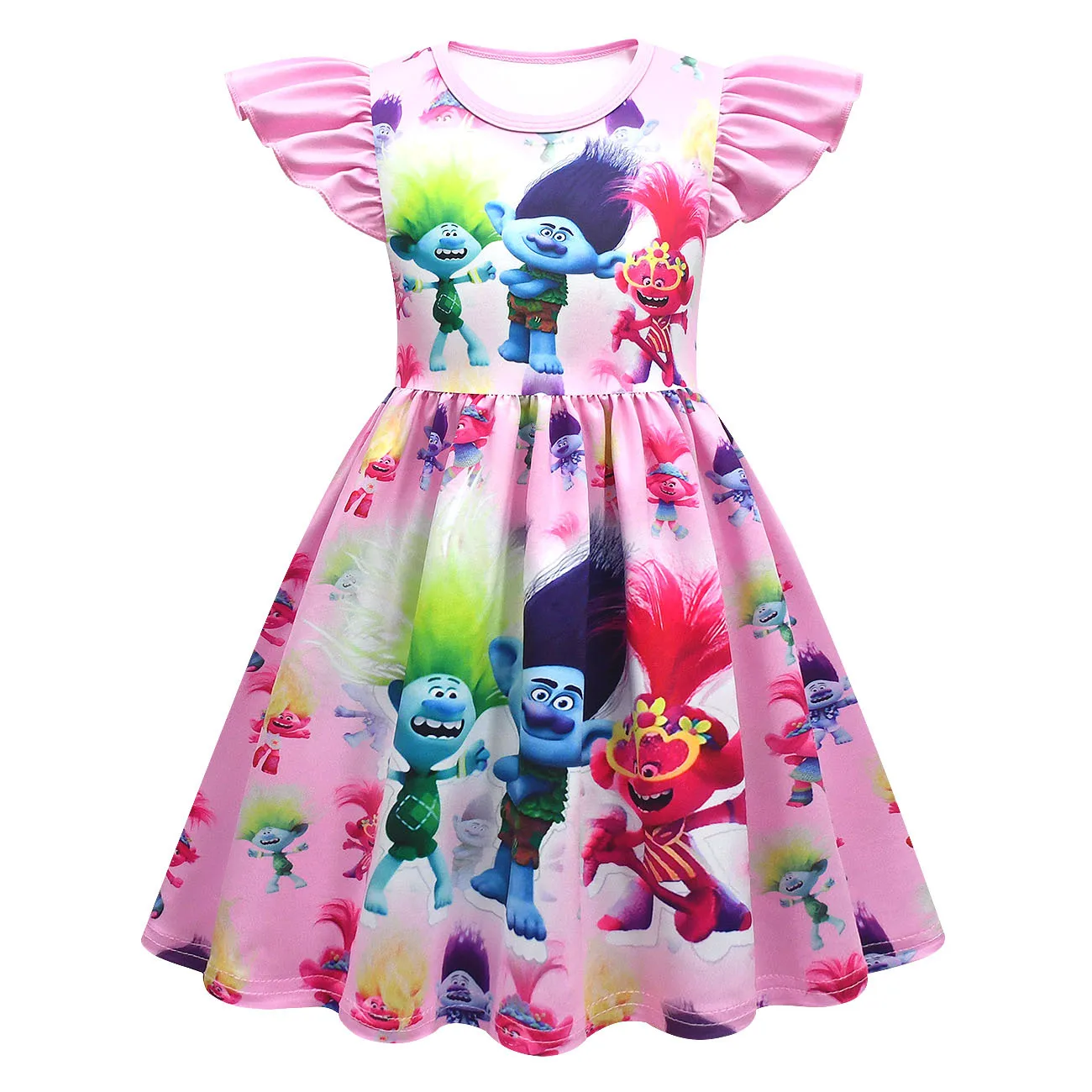 Kids Poppy Trollsing 3 Costume Cartoon Trolls Dresses for Girl Flying Sleeve Dress+bag Magic Elf Summer Girl Fairy Flower Outfit