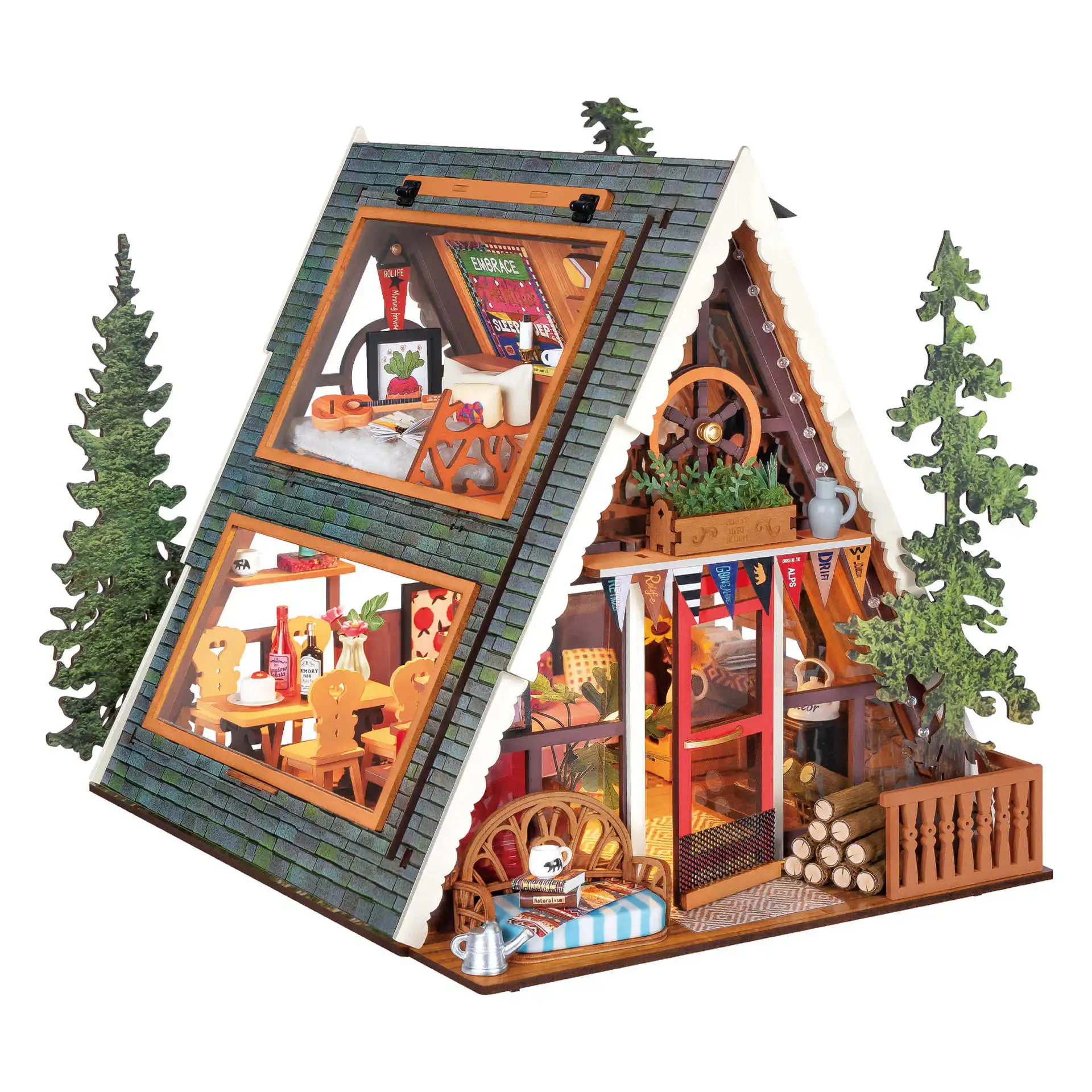 *qa Triangle Wooden House Handmade Diy Cottage Art House House European Style Villa Miniature Model Gift#