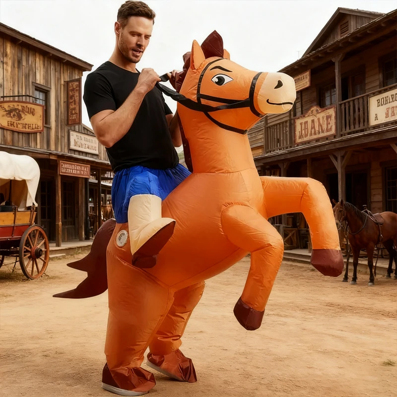 

Riding Horse Inflatable Costume Adult Carry Me Blow Up Suit Funny Cowboy Cosplay Halloween Party Inflatable Suit for Men Women