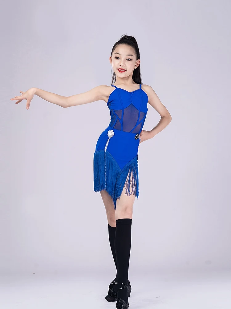 Costume de danse latine bleu pour filles, écharpe sexy, ensemble demi-jupe à pompon en Y, entraînement de performance de tango, imbibé, nouveau, été, 2024, XH232